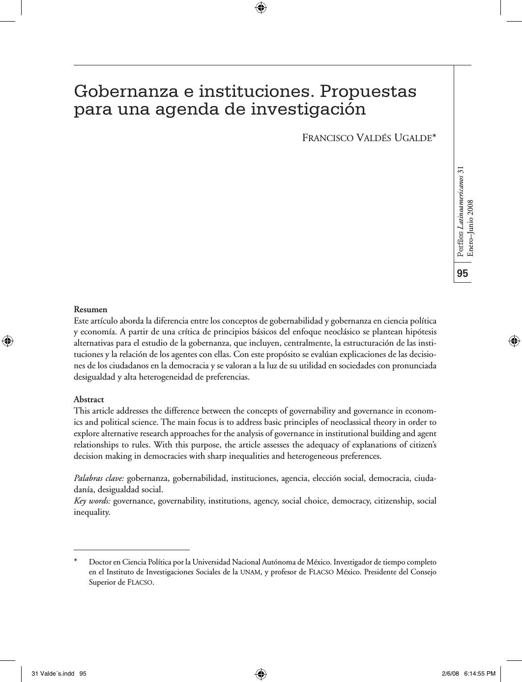 Gobernanza e instituciones. Propuestas para una agenda de investigacion